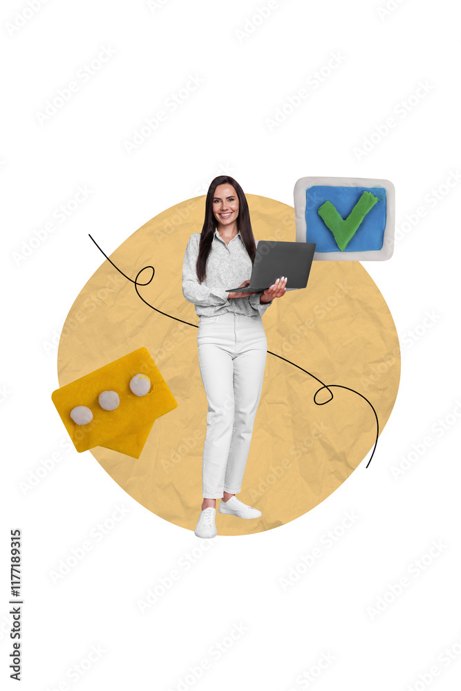 Aufkleber Vertical collage image of positive girl hold use netbook plasticine check mark icon message notification isolated on beige background