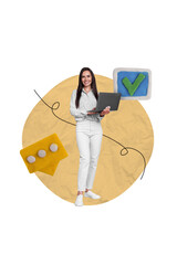Vertical collage image of positive girl hold use netbook plasticine check mark icon message notification isolated on beige background