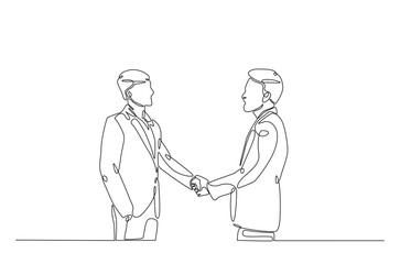 Businessmen handshaking with the client in continuous one line drawing. Simple line art illustration of Business deal concept. Editable vector.
