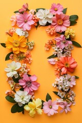 Light orange backdrop with vibrant spring flowers arranged beautifully along the frame. Flat lay.