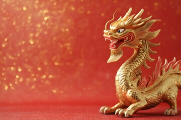 Fototapeta premium Golden dragon figurine with red background and some golden sparkle implying prosperity and festive mood
