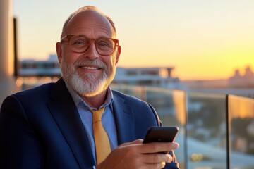 An elderly man in a suit, smiling broadly while holding his smartphone against a gorgeous sunset backdrop, symbolizing joy and connectivity in later years of life.