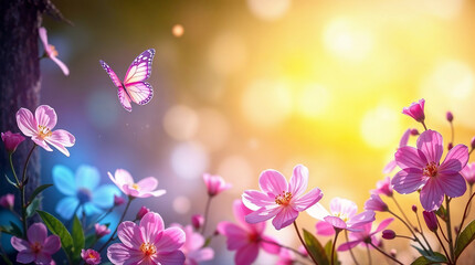 Beautiful purple butterfly flying over blooming pink flowers in magical garden during sunset