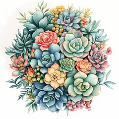 Colorful arrangement of succulents in a circular design showcasing various textures and hues. Generative AI