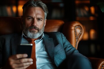 A distinguished man sits comfortably in a leather chair, engaging with his smartphone in a cozy office setting, showcasing modern elegance and warmth.