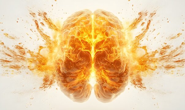 Exploding brain, fiery, abstract concept.