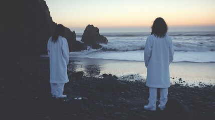 Two figures in white robes stand on a rocky beach at sunset, gazing out at the ocean.