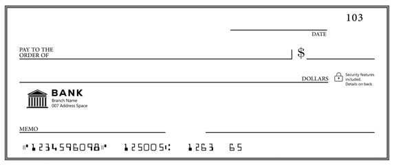 Bank check, vector blank money cheque, checkbook template with guilloche pattern and fields. Currency payment coupon, money check background	