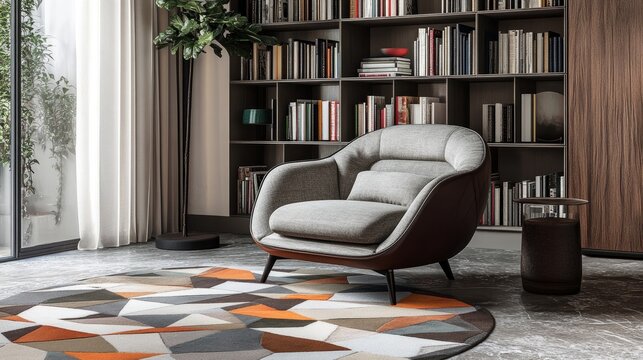 Modern reading corner with a sleek armchair, a geometric rug, and books displayed on a stylish shelf.