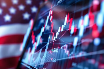 Stock chart with candlesticks and data on a screen, American flag blurred in background, blue and red tones, concept of economy and investments. Ai generative