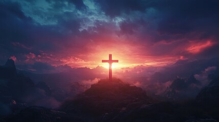 Fototapeta premium jesus christ cross easter resurrection concept christian cross on a background with dramatic lighting colorful mountain sunset dark clouds and sky and