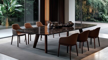 Obraz premium Modern dining room with marble table and leather chairs.