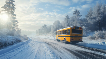Yellow School Bus in snow winter season on rural road