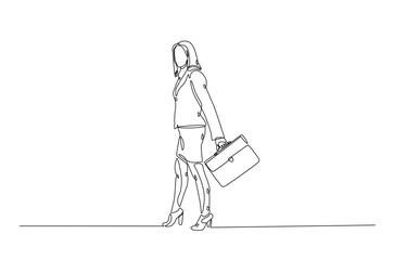 Businesswoman caryying briefacase in continuous one line drawing. Simple line art illustration of businesswoman with briefacase. Editable vector.