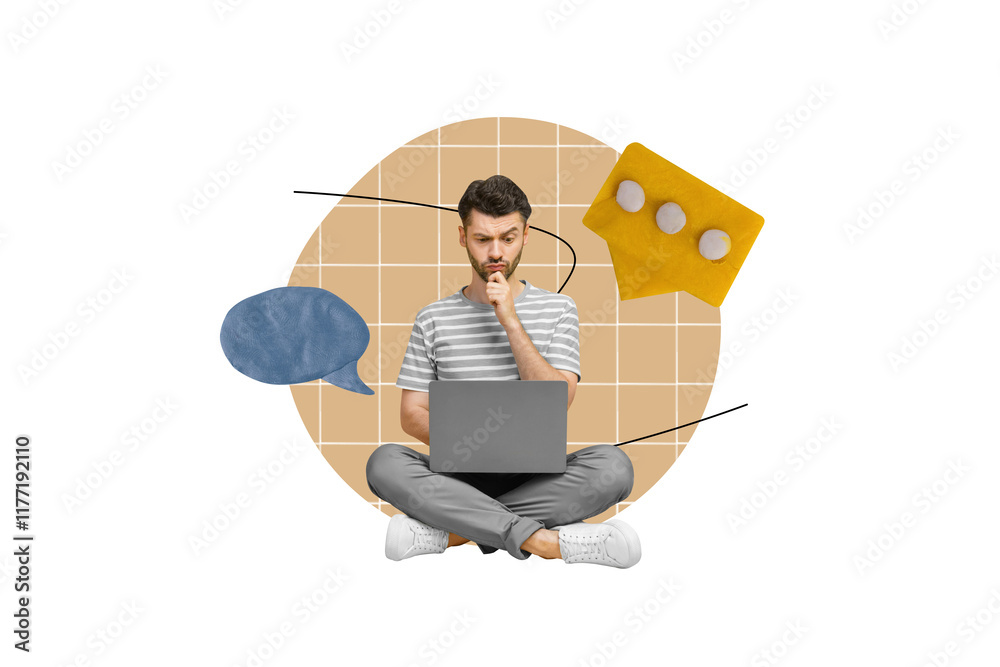 Poster Collage picture of thoughtful guy use netbook think dialogue message bubble isolated on painted beige background