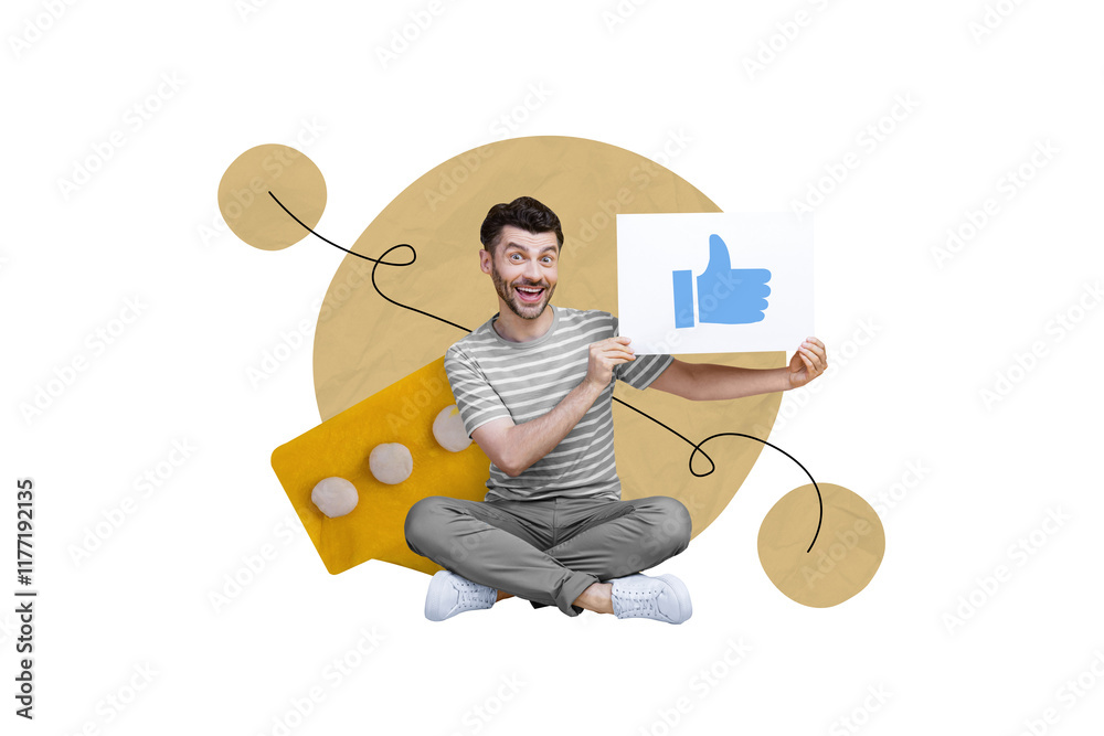 Poster collage picture of cheerful guy arms hold paper like thumb up icon message notification isolated on 