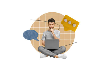 Collage picture of thoughtful guy use netbook think dialogue message bubble isolated on painted...