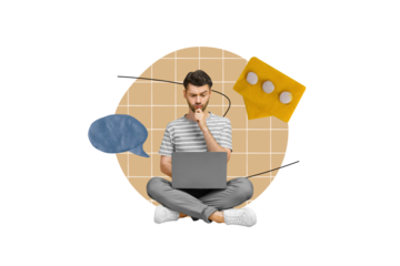 Collage picture of thoughtful guy use netbook think dialogue message bubble isolated on painted beige background