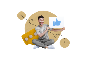 Collage picture of cheerful guy arms hold paper like thumb up icon message notification isolated on beige background