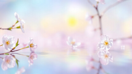 Cherry blossoms reflecting on water surface with dreamlike background