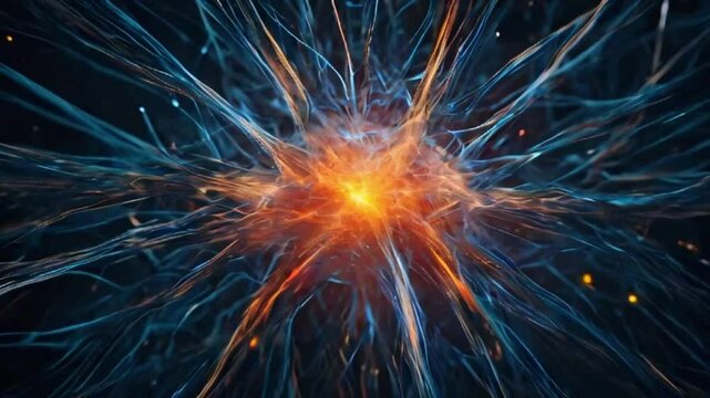 Particles explode outward and interconnect into neural network patterns. A glowing center symbolizes an AI brain at work, 4k High-Quality Technology background animation video