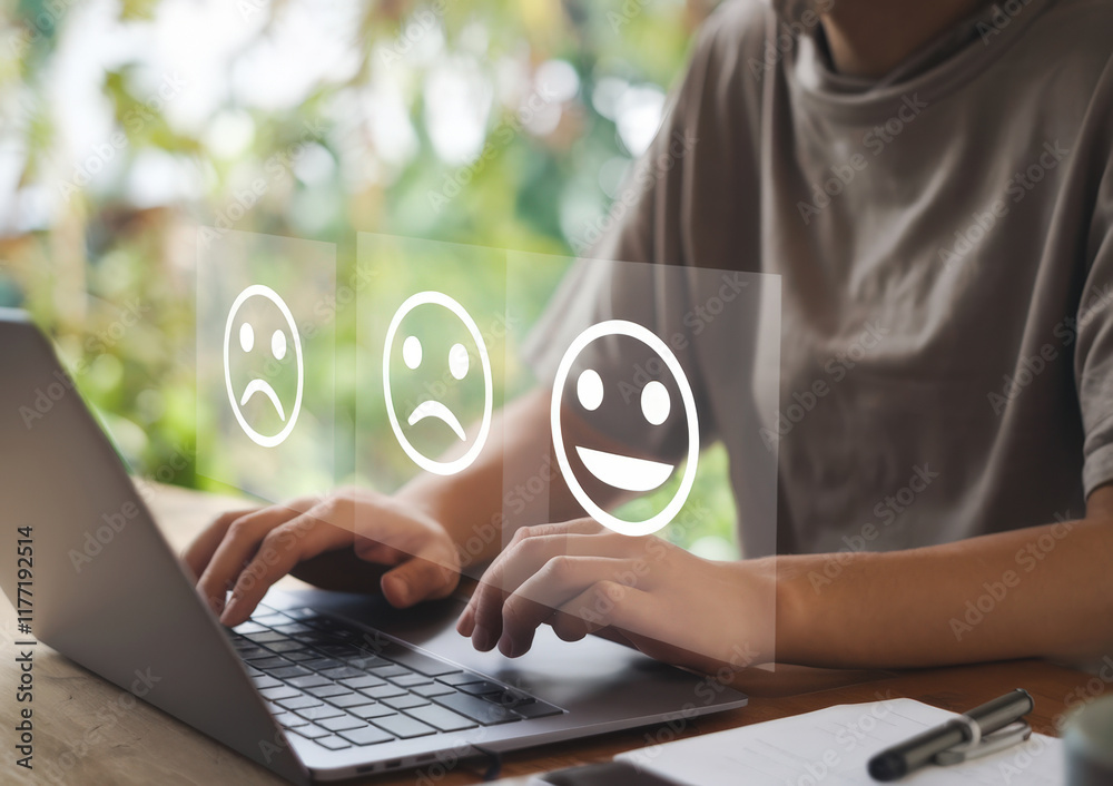 Poster business concept image highlighting customer satisfaction ratings and feedback for use in marketing 