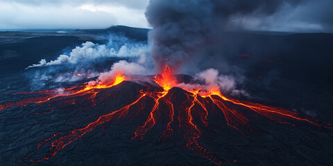 Erupting volcano spewing lava and smoke during twilight