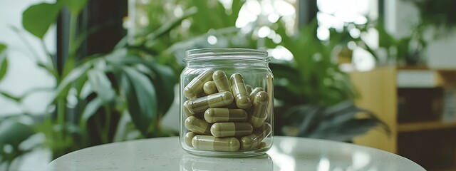 White Multivitamin Tablets in a Glass Jar on Marble Table, Modern Interior Design and Health Concept