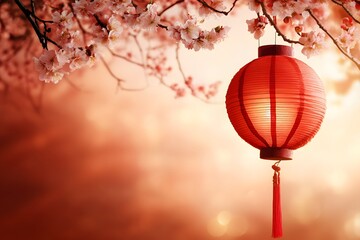 Chinese New Year theme with lantern and blossoms with matching background and copy space