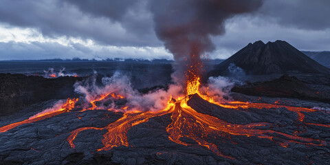Erupting volcano spewing lava and ash in dramatic landscape