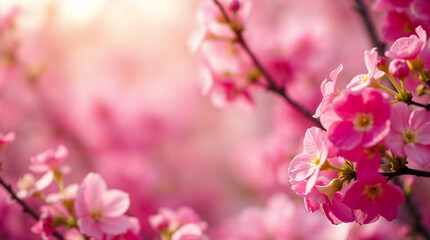 Naklejka premium Blooming pink flowers create stunning spring landscape during golden hour