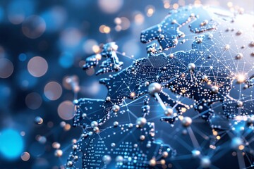 A visual representation of data networks spanning Europe, featuring interconnected nodes and glowing points on a blue background. Concept of global communication. Ai generative