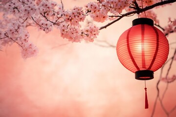 Obraz premium Chinese New Year theme with lantern and blossoms with matching background and copy space