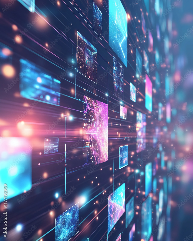 Poster Futuristic digital interface with glowing neon screens and data visuals