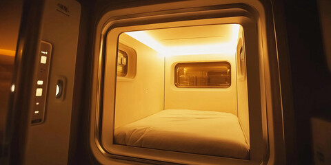 Compact sleeping pod in modern accommodation setting