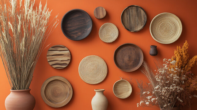 "Decorative Wall Display with Wooden and Terracotta Plates, Vases, Clay Pots, and Dried Flowers"