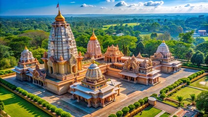 Naklejka premium Aerial View of Colorful Indian God Sculptures, Temple Complex, Drone Photography