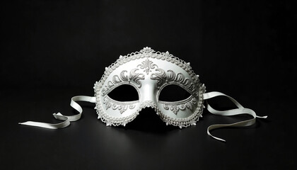 Elegant white carnival mask with intricate silver embroidery on black background, sophisticated theatrical style