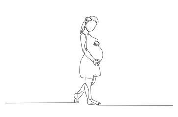 Beautiful pregnant woman touching her belly in continuous one line drawing. Simple line art illustration of pregnant belly. Editable vector.