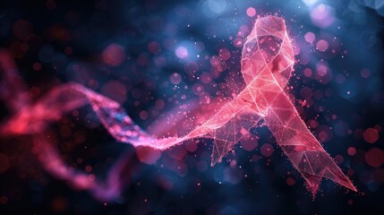 breast cancer awareness month. Abstract pink ribbon isolated on dark background. Low poly wireframe digital illustration with destruct shapes. Polygonal vector illustration