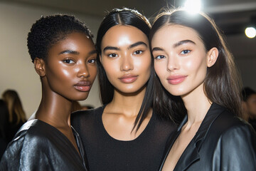 Diverse models pose together before fashion show event