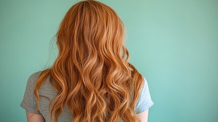 Fototapeta premium Minimalist Illustration of a Woman with Shiny Long Hair, Pastel Color Background, Beauty and Haircare Concept, Feminine Elegance