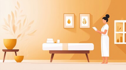 Relaxing Spa Interior with a Calm Atmosphere Featuring a Treatment Table, Potted Plants, and Elegant Decor for Wellness or Therapeutic Settings