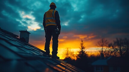 Fototapeta premium Worker sunset rooftop inspection residential construction