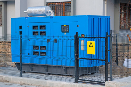 Blue mobile diesel generator for emergency electric power.