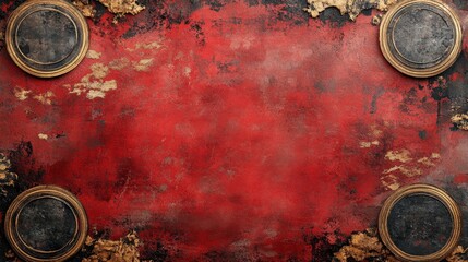 A muted red backdrop with decorative circular gold motifs scattered lightly and an uncluttered middle section 