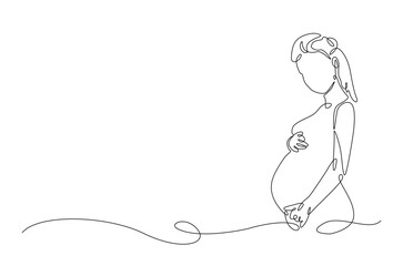 Beautiful pregnant woman touching her belly in continuous one line drawing. Simple line art illustration of pregnant belly. Editable vector.