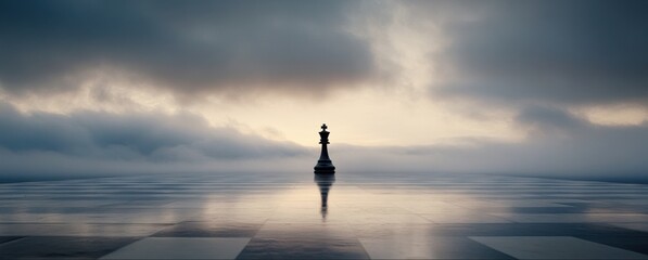 A solitary chess piece stands majestically on a vast board, surrounded by an ethereal mist, symbolizing strategy and contemplation in a surreal landscape.