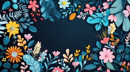 Monochrome black background with a colorful spring floral frame adds vibrancy and contrast. Flat lay.