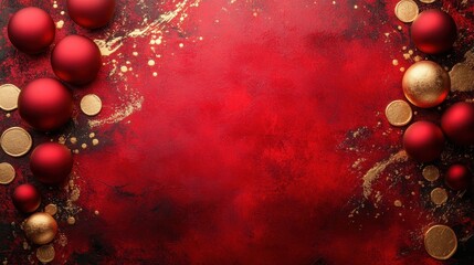 A muted red backdrop with decorative circular gold motifs scattered lightly and an uncluttered middle section 